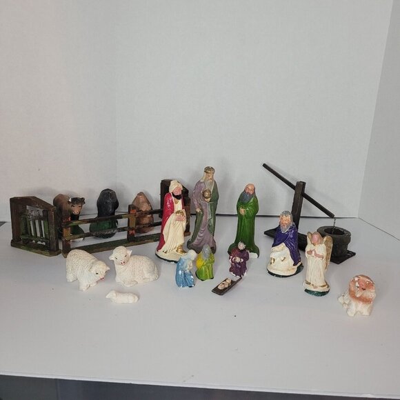 FLAW Vtg MCM Chalkware Plaster Christmas Nativity Set Manger Figurines 20 Pieces - Picture 1 of 12
